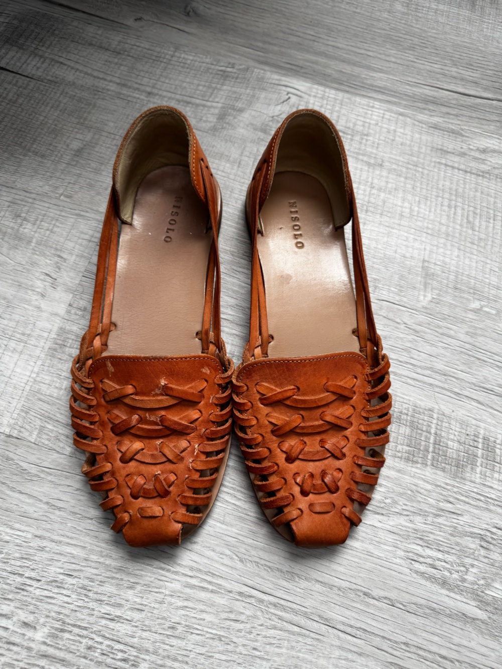 Nisolo Cognac Leather Woven Huarache Flats